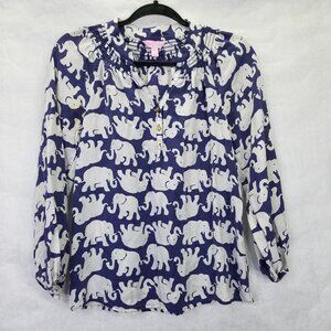 Lilly Pulitzer Elsa Blue White Elephant Print 100% Silk Pullover Blouse XS